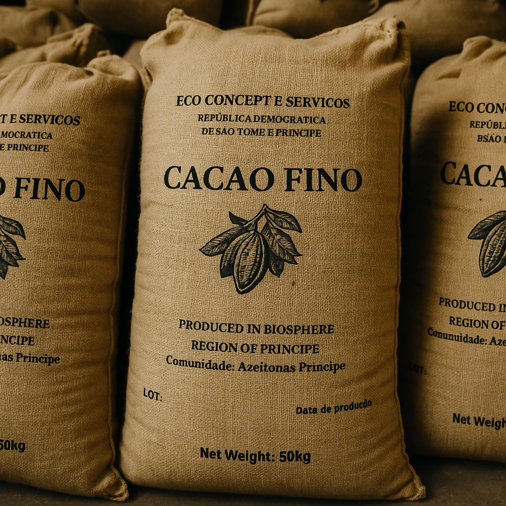 Traditional jute bags of organic cocoa beans